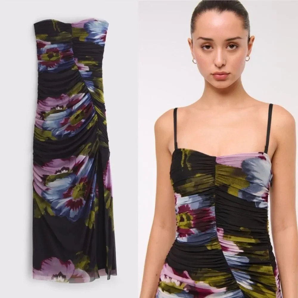 Abercrombie & Fitch Mesh Strapless Ruched Maxi Dress Black Floral Size M